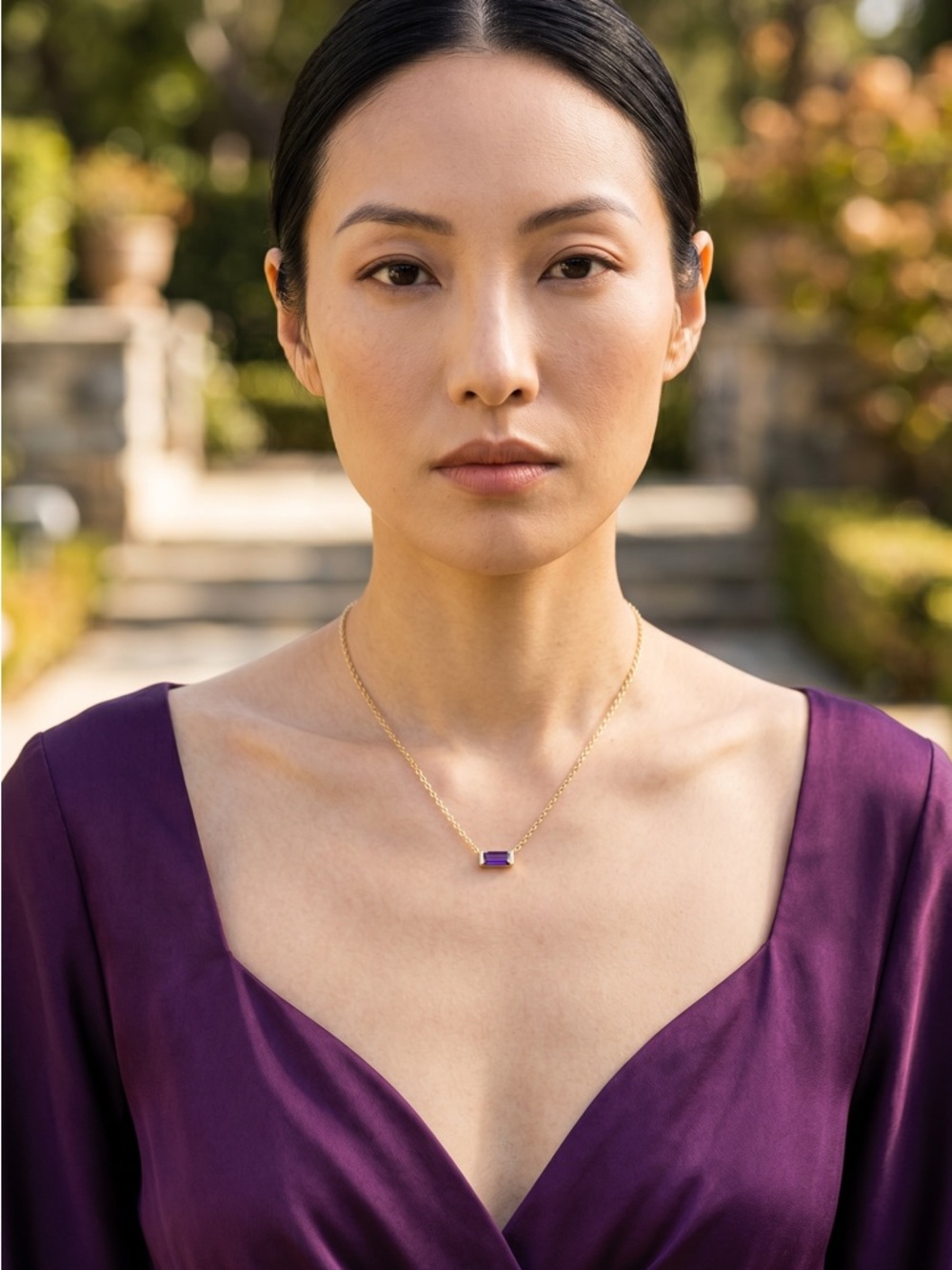 Gold Amethyst Baguette Necklace Minimalist Purple Crystal Pendant